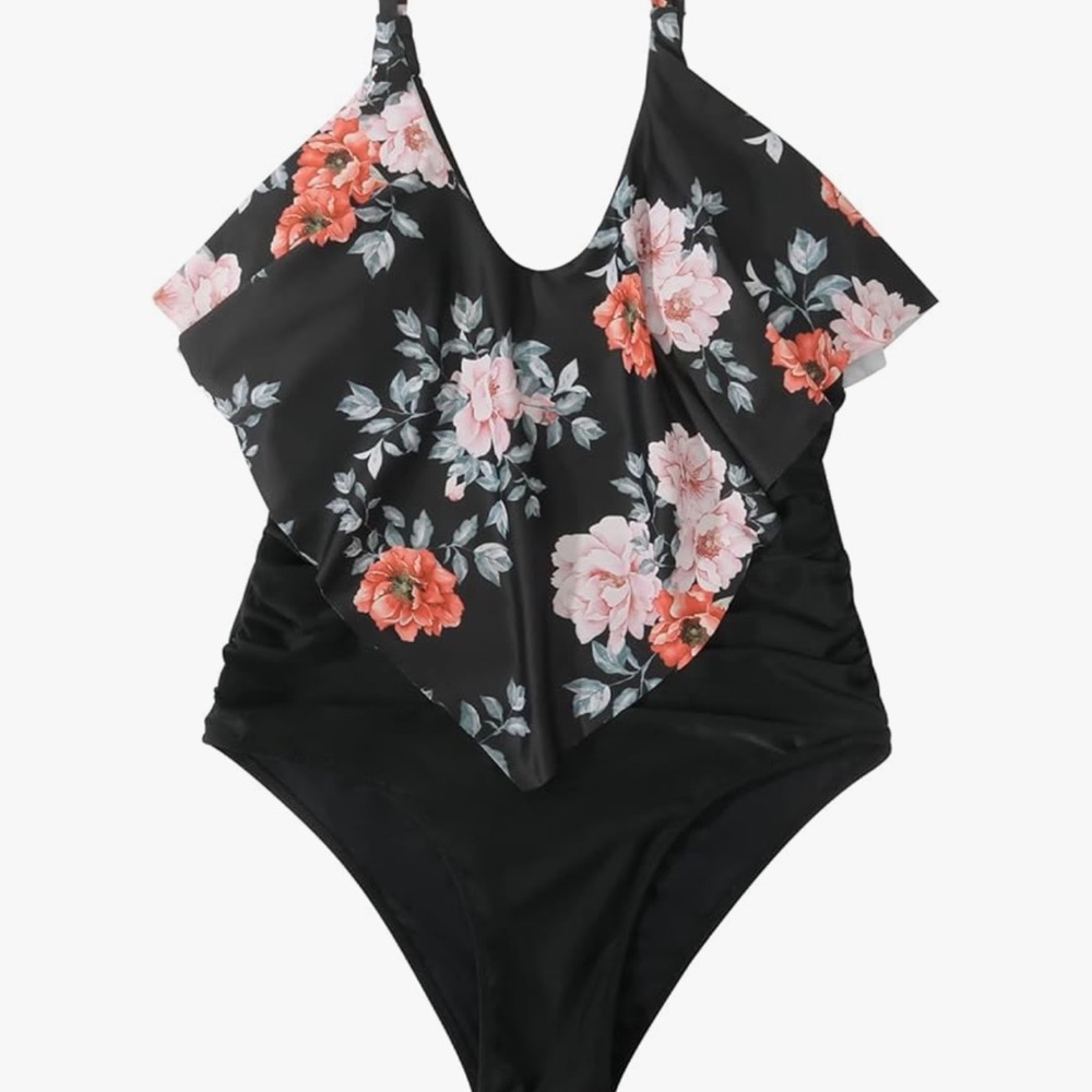 Women’s Floral Ruffle One Piece Swimsuit with Ruched Tummy Control